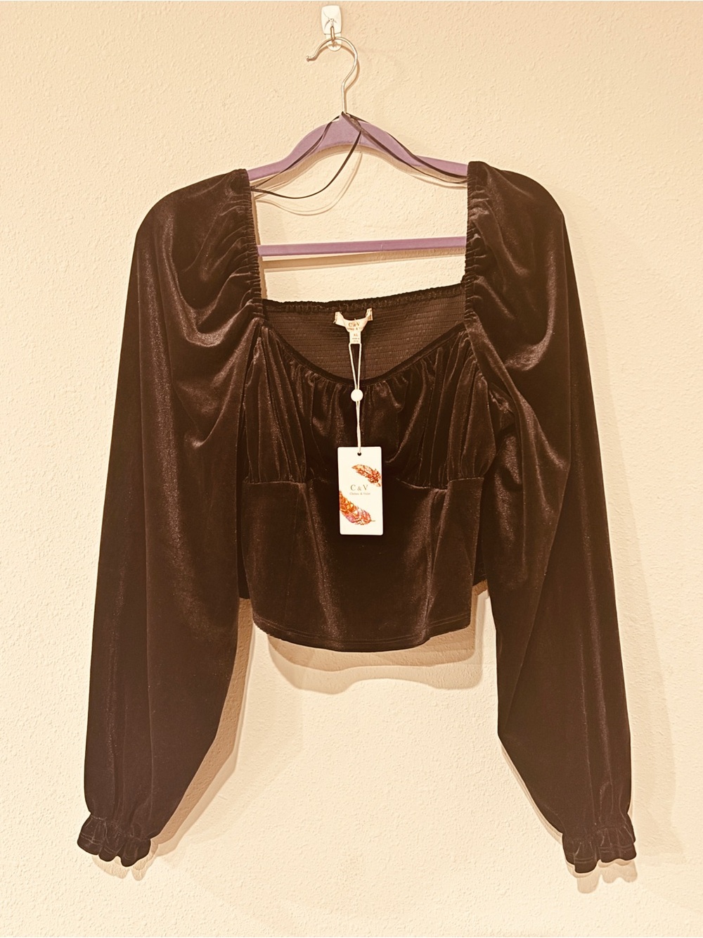Chelsea & Violet Black Velvet Square Neck Puff Sleeve Cropped Blouse XL Fall NWT